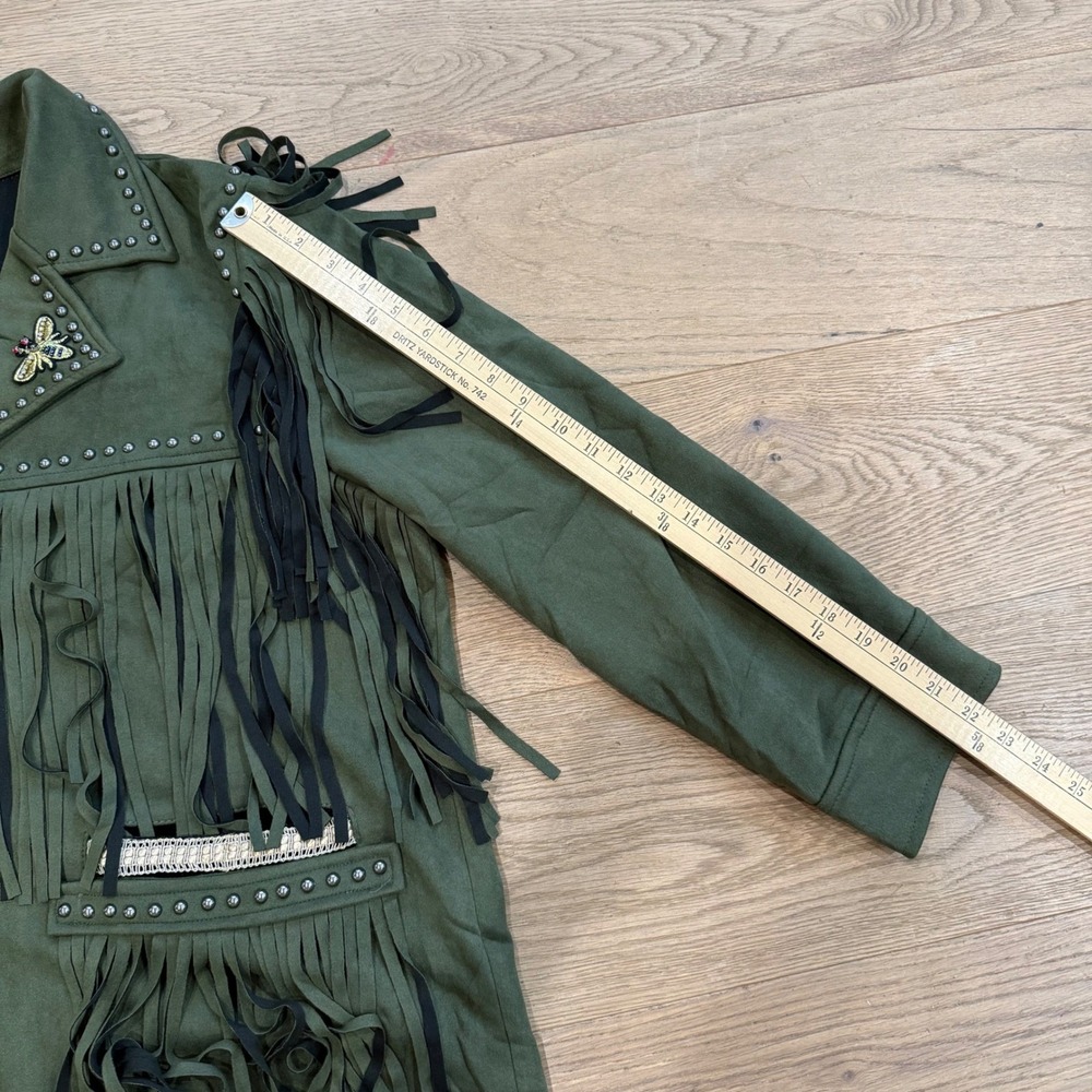 Lesal Upcycled Fringe Jacket Olive Green Beaded Floral Western Boho - Picture 5 of 12